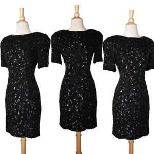 Vintage 80s Niteline Nite Line Jet Black Sequin Beaded Silk Wiggle Party Dress
